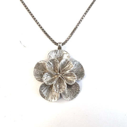 Sweden 1970s. Solid Silver Hippie Flower Power Pendant Long Chain Necklace.