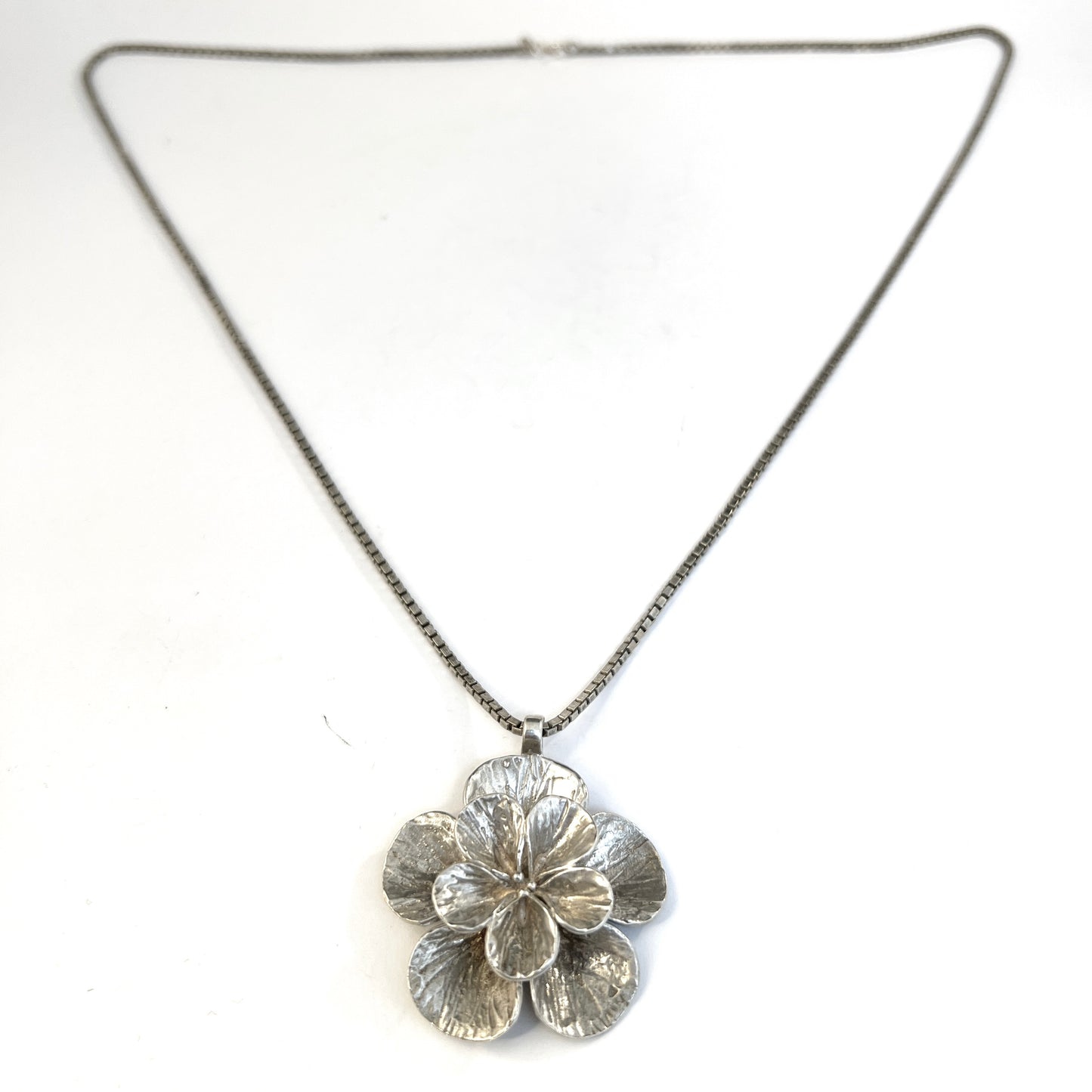 Sweden 1970s. Solid Silver Hippie Flower Power Pendant Long Chain Necklace.