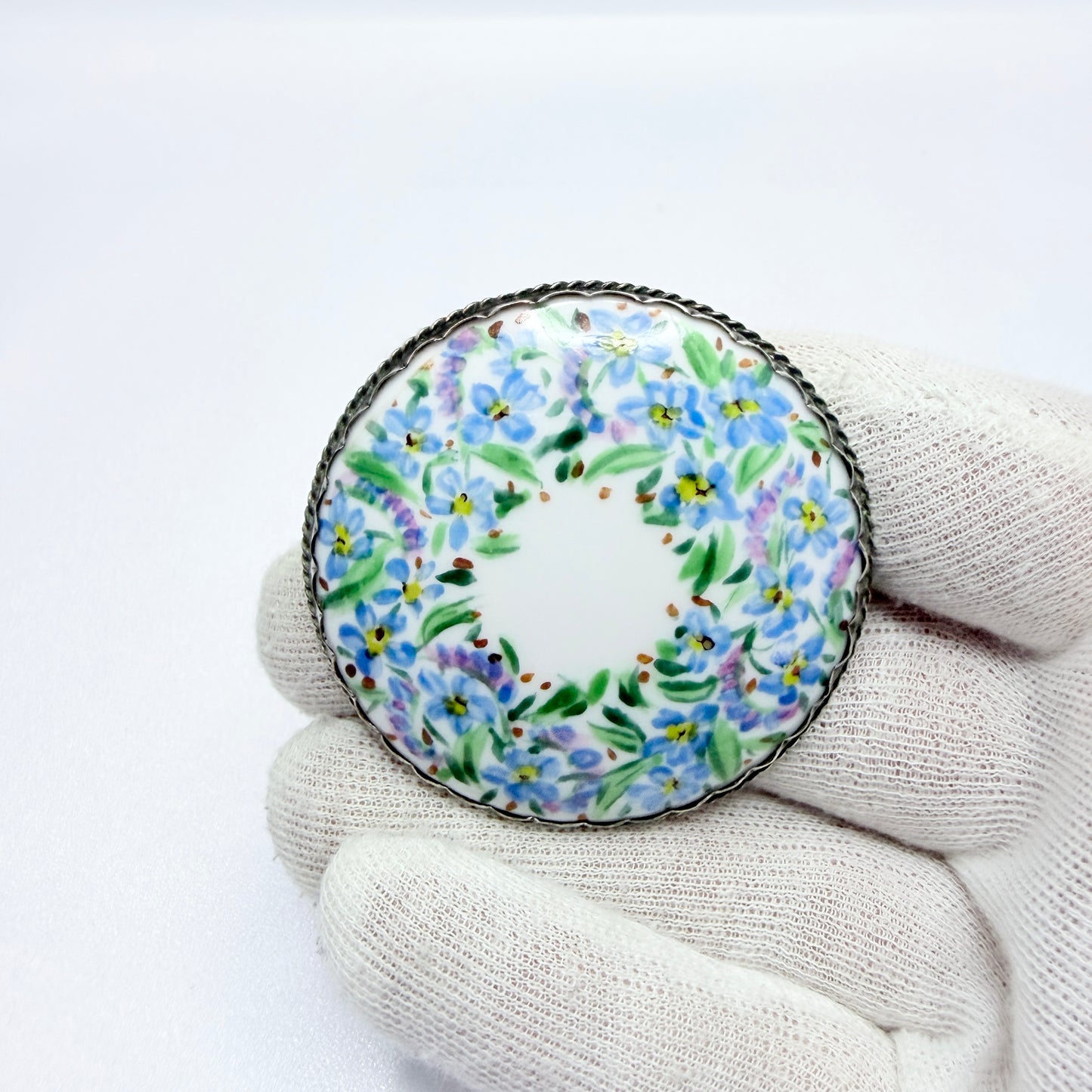 NC Christiansson, Sweden 1918. Antique Silver Painted Porcelain Meadow Flowers Brooch