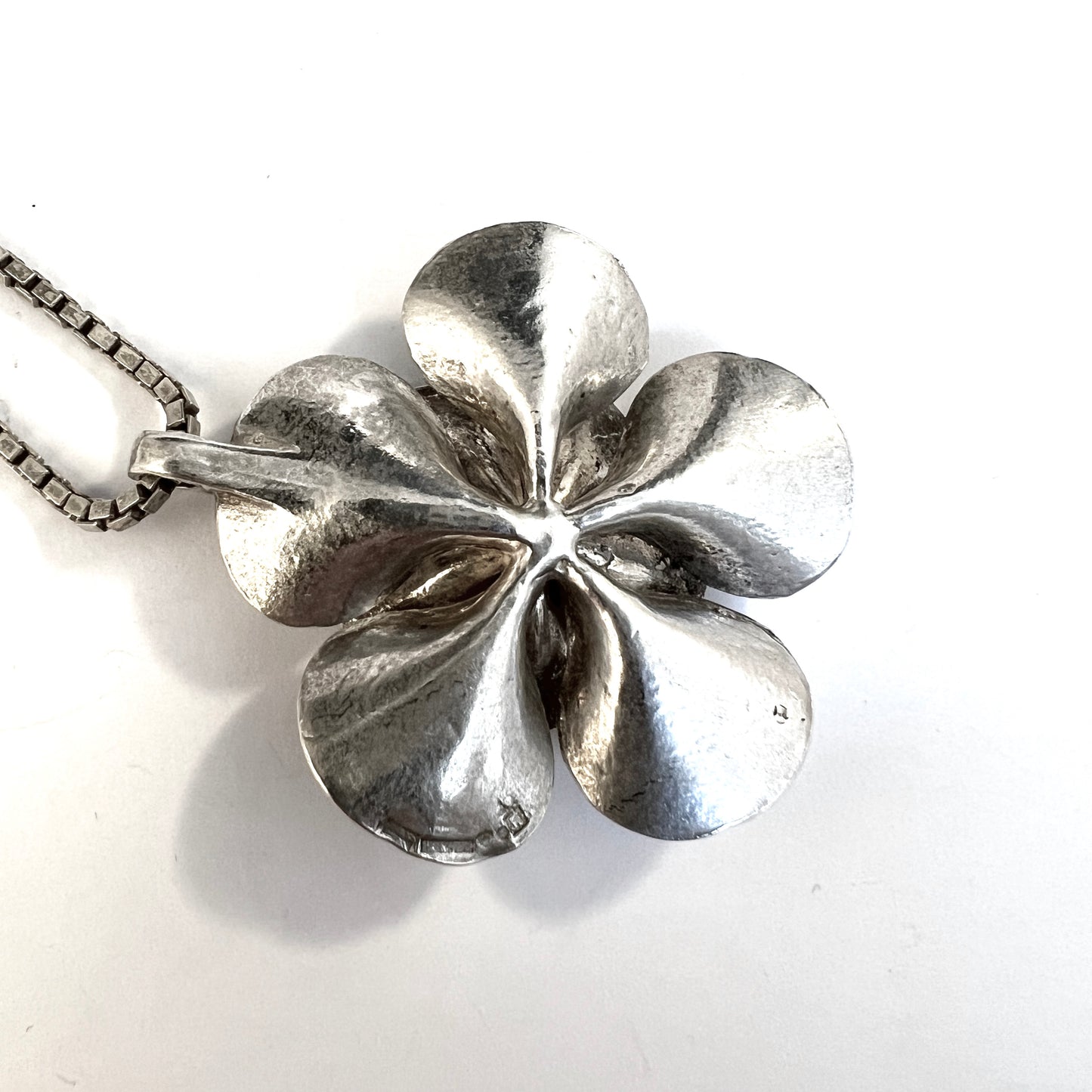 Sweden 1970s. Solid Silver Hippie Flower Power Pendant Long Chain Necklace.