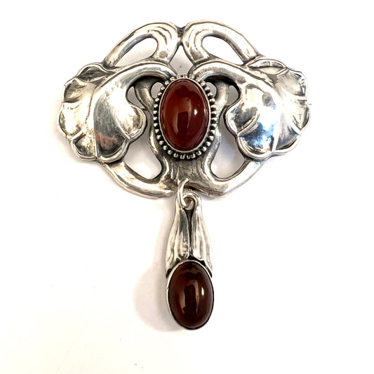 Bernhard Hertz, Denmark 1915. Solid Silver Carnelian Art Nouveau Skønvirke Brooch.