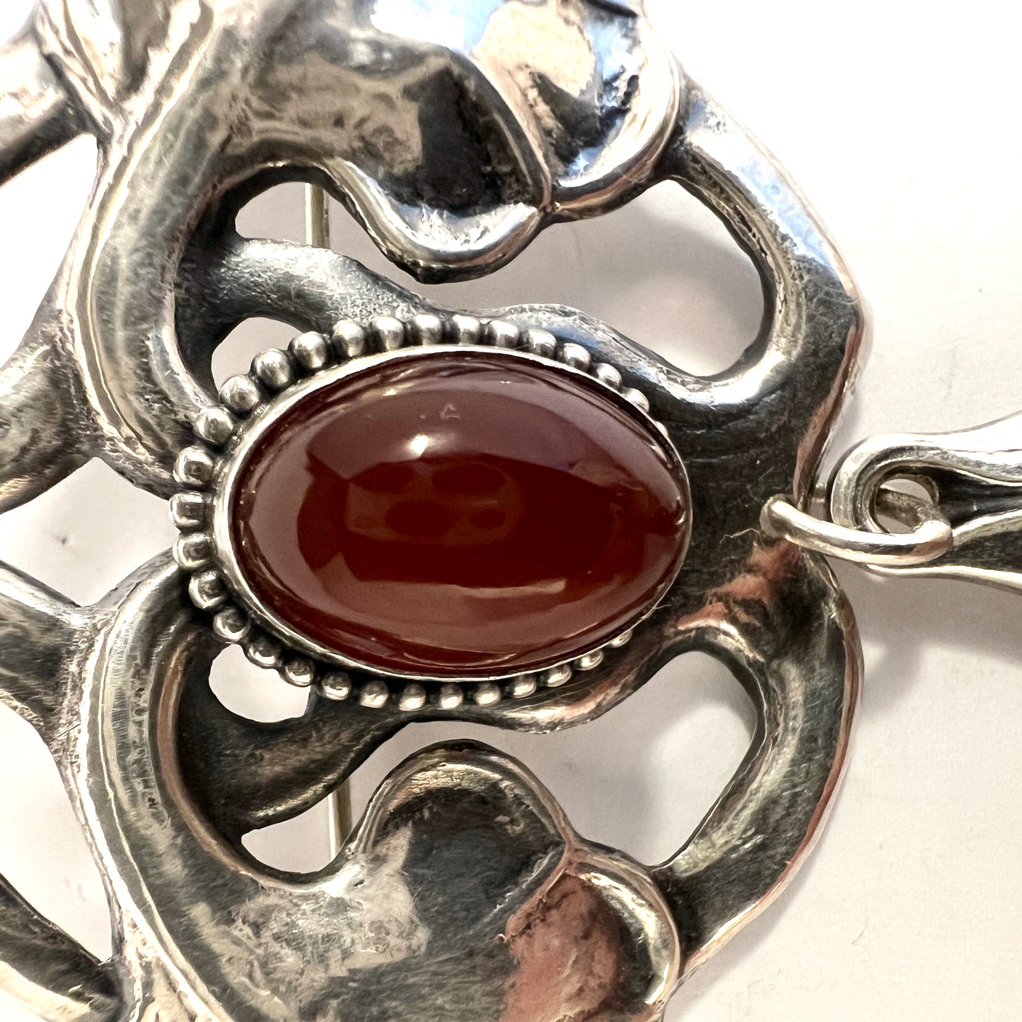 Bernhard Hertz, Denmark 1915. Solid Silver Carnelian Art Nouveau Skønvirke Brooch.