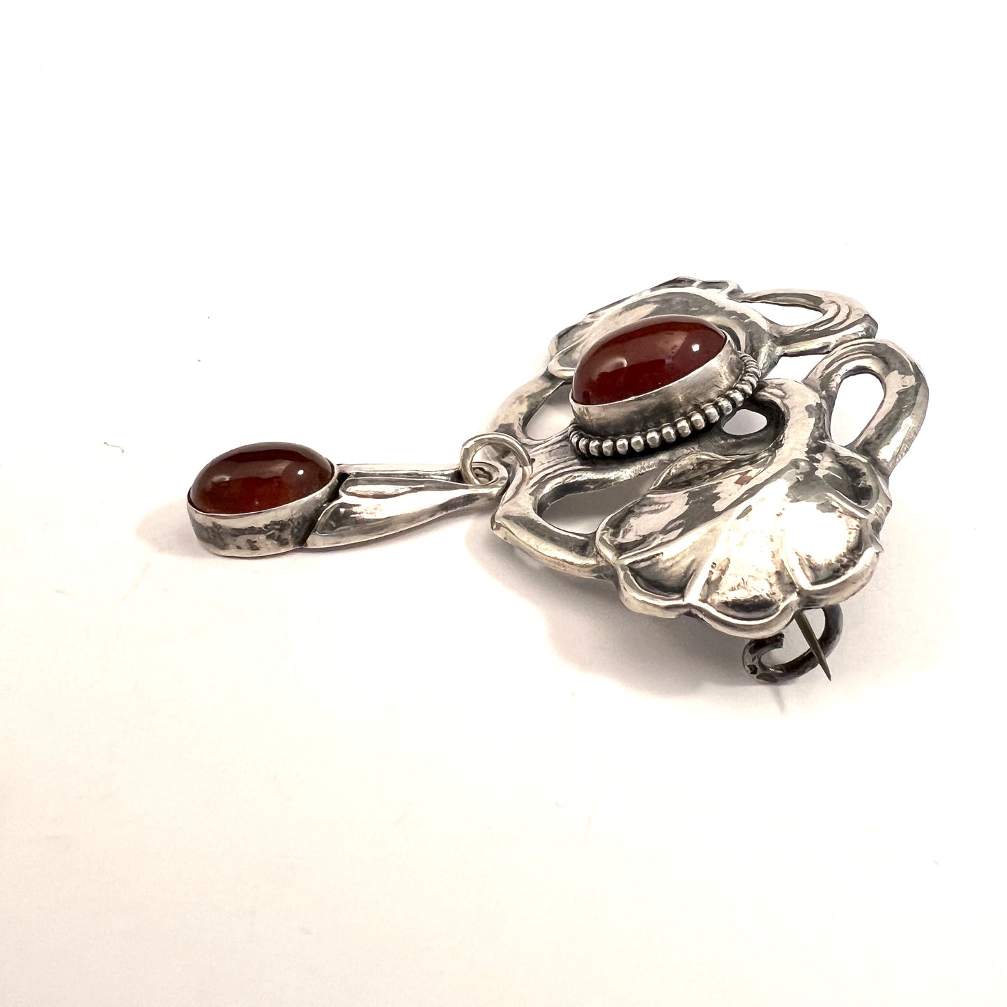 Bernhard Hertz, Denmark 1915. Solid Silver Carnelian Art Nouveau Skønvirke Brooch.