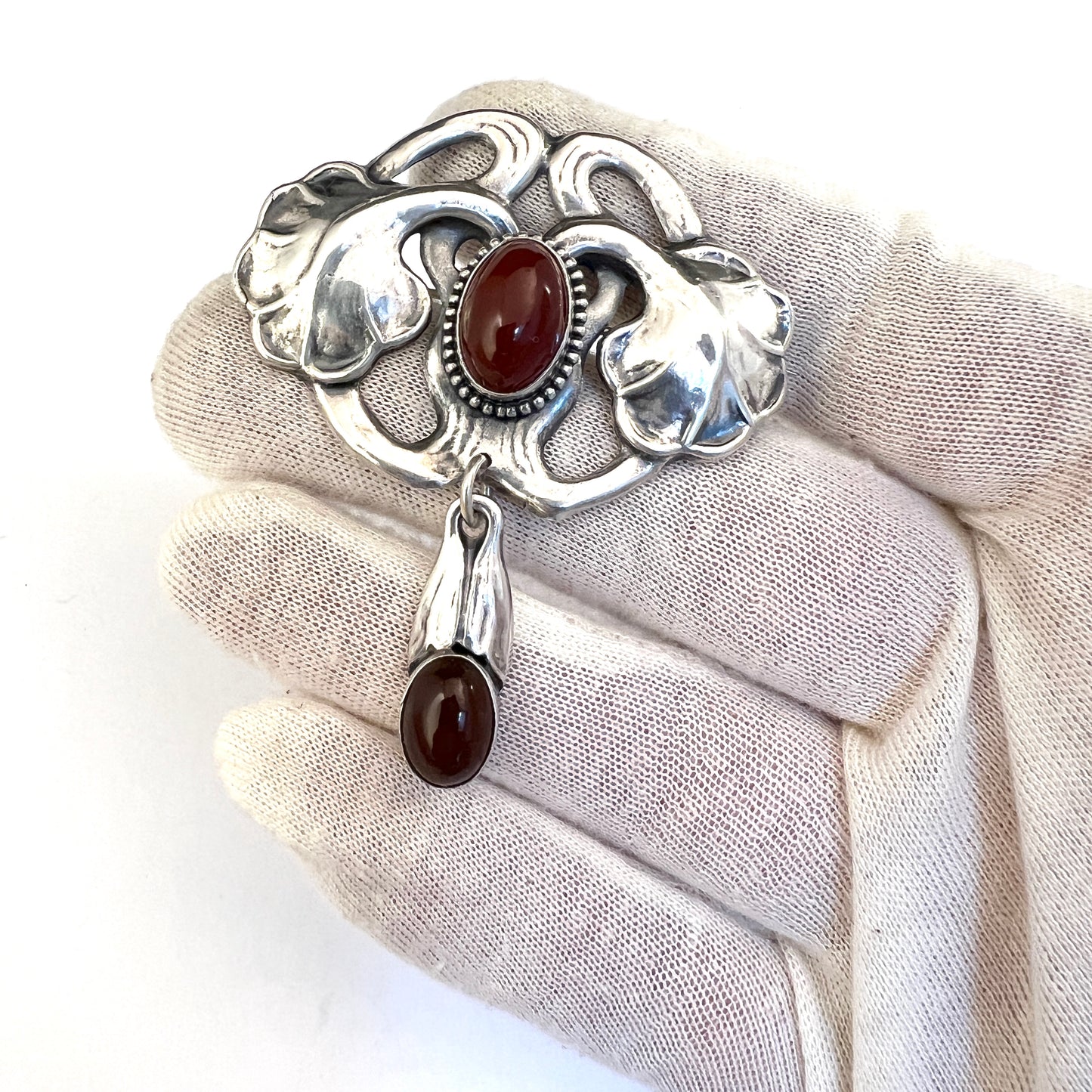 Bernhard Hertz, Denmark 1915. Solid Silver Carnelian Art Nouveau Skønvirke Brooch.