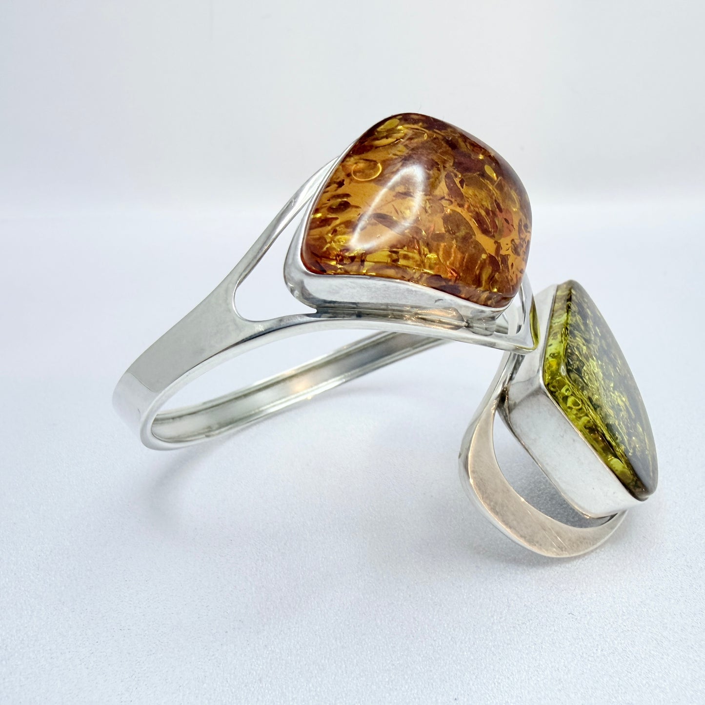 Gdansk, Poland. Bold Vintage Sterling Silver Amber Cuff Bracelet.