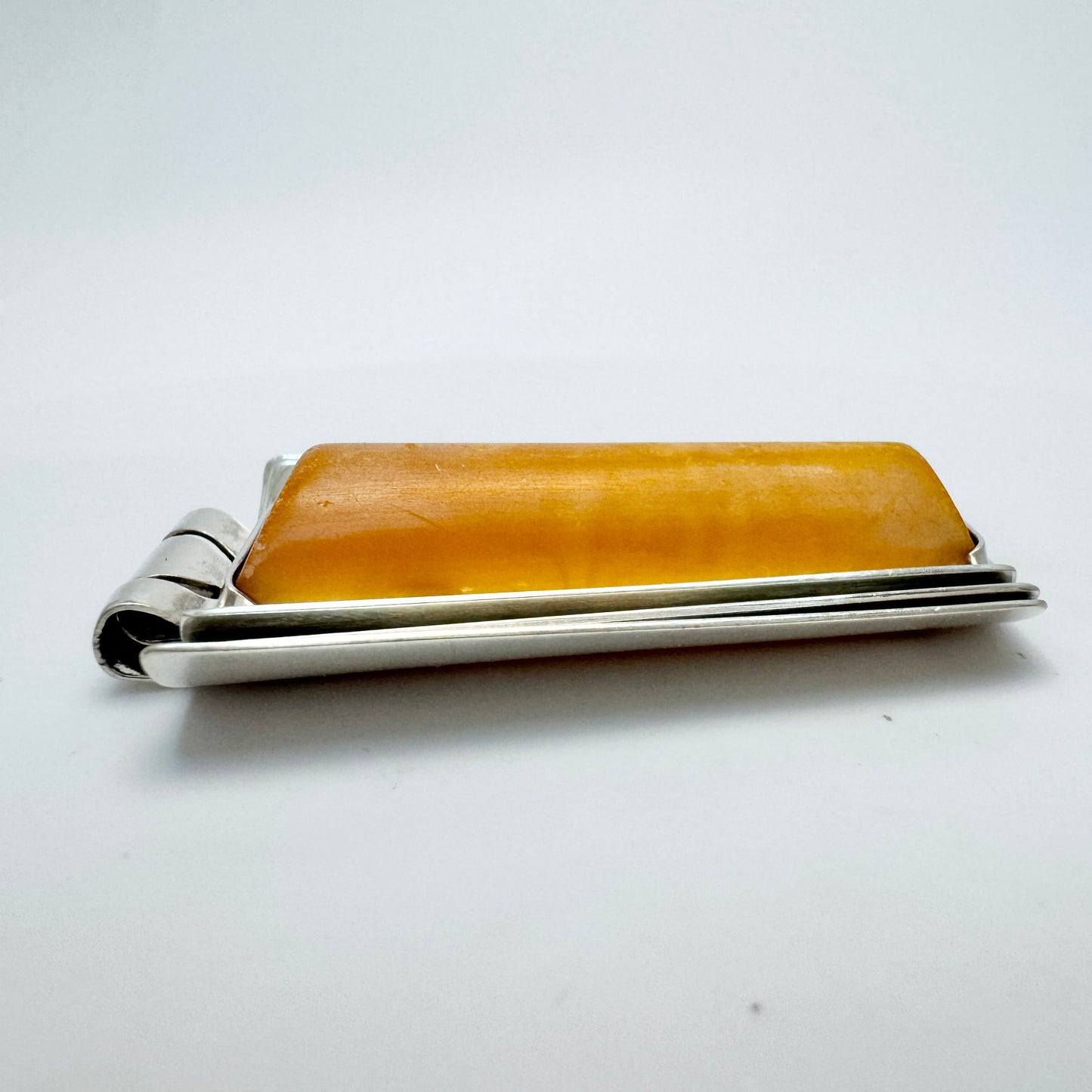 VEB Fischlandschmuck, Germany c 1950s. Vintage Solid Silver Amber Pendant.