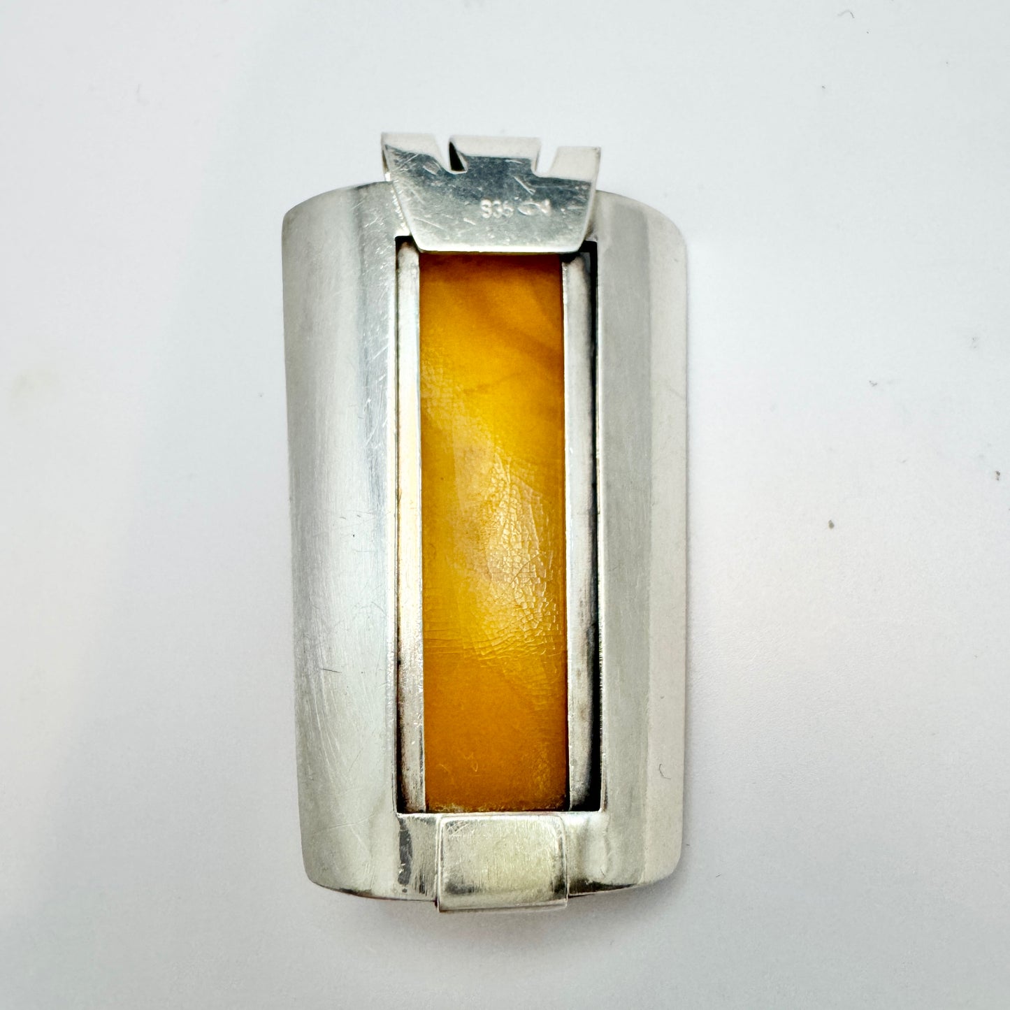 VEB Fischlandschmuck, Germany c 1950s. Vintage Solid Silver Amber Pendant.