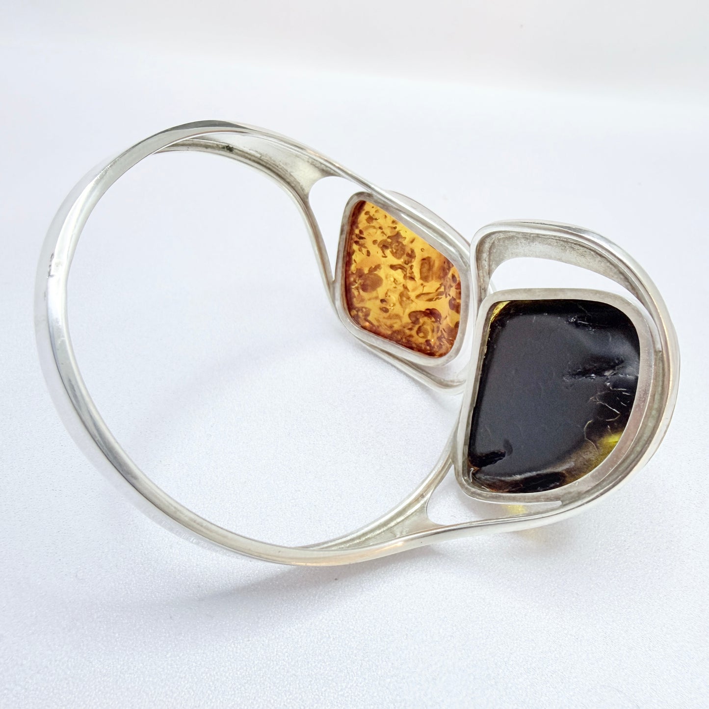 Gdansk, Poland. Bold Vintage Sterling Silver Amber Cuff Bracelet.