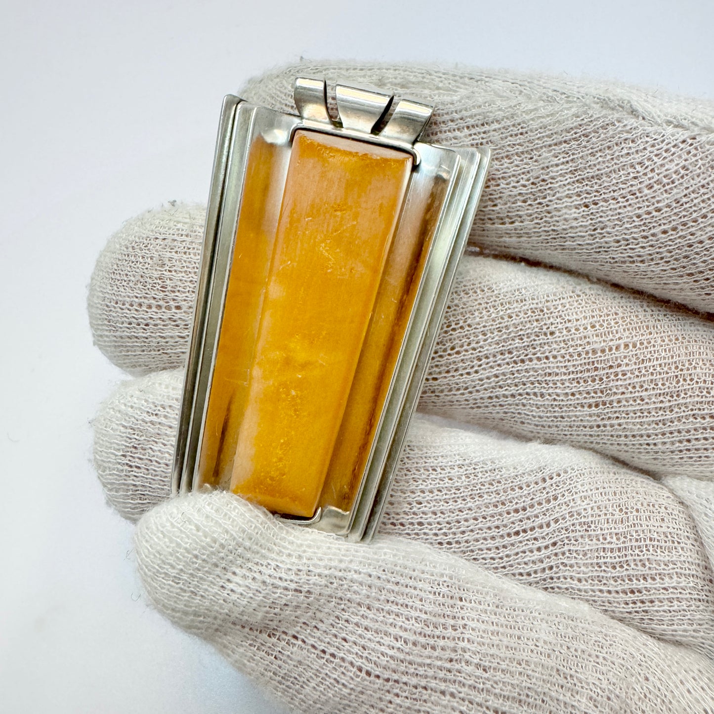 VEB Fischlandschmuck, Germany c 1950s. Vintage Solid Silver Amber Pendant.