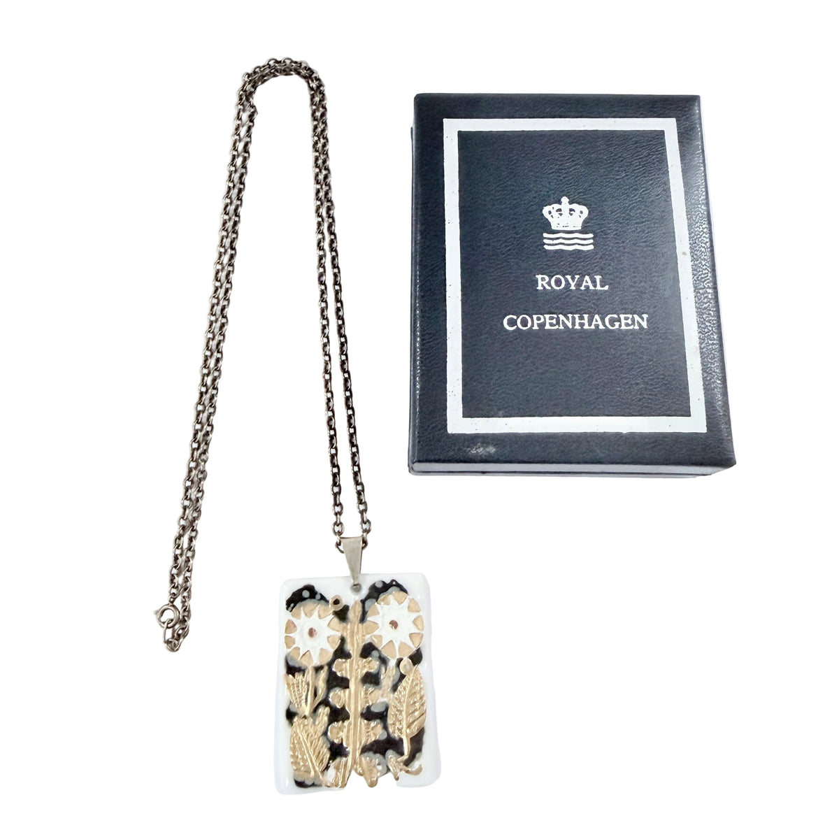 Royal Copenhagen, Denmark. Vintage 1970s. Porcelain Silver Pendant Necklace. Boxed.
