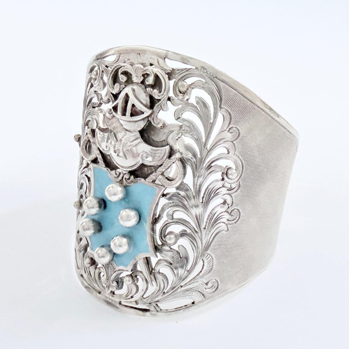 Italy early -mid 1900s. Solid Silver Enamel Knight in Armor Cuff Bracelet.