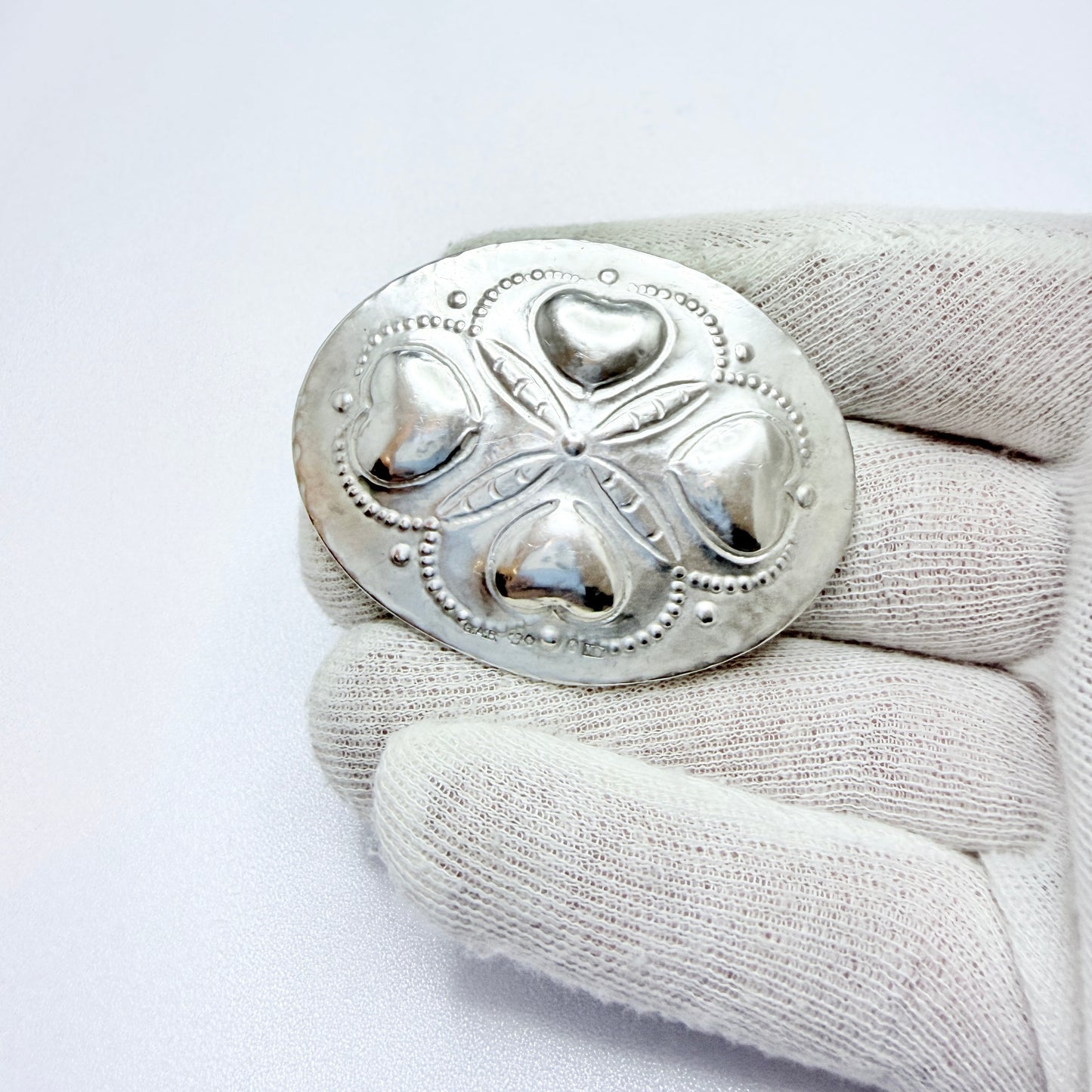 GAB, Sweden 1914. Antique Solid Silver Four Hearts Brooch.