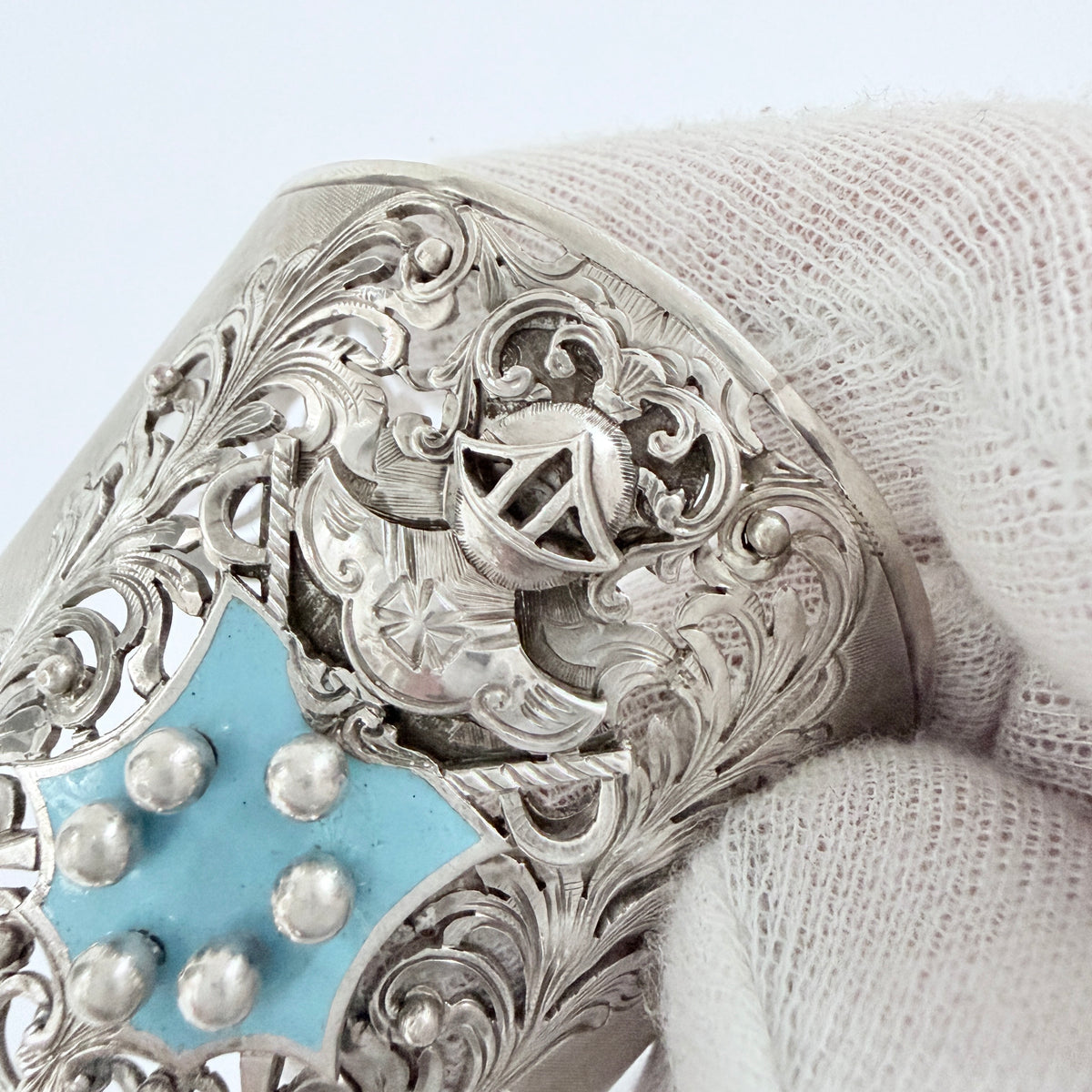 Italy early -mid 1900s. Solid Silver Enamel Knight in Armor Cuff Bracelet.
