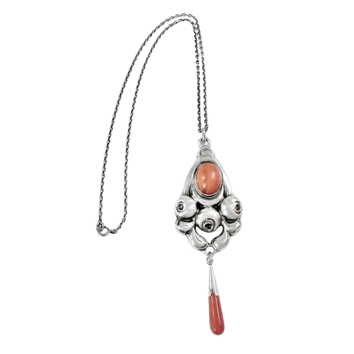 Grann & Laglye, Denmark c 1910s Antique Skonvirke Arts and Crafts Solid Silver Amber Pendant Necklace.