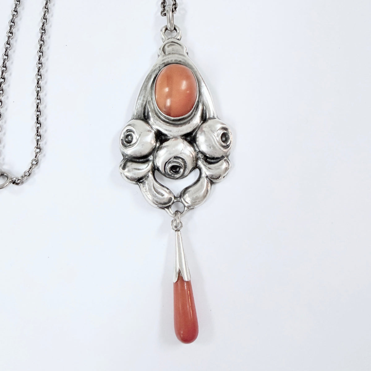 Grann & Laglye, Denmark c 1910s Antique Skonvirke Arts and Crafts Solid Silver Amber Pendant Necklace.