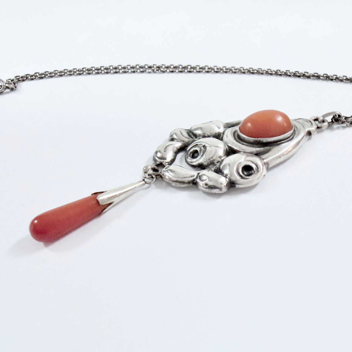 Grann & Laglye, Denmark c 1910s Antique Skonvirke Arts and Crafts Solid Silver Amber Pendant Necklace.