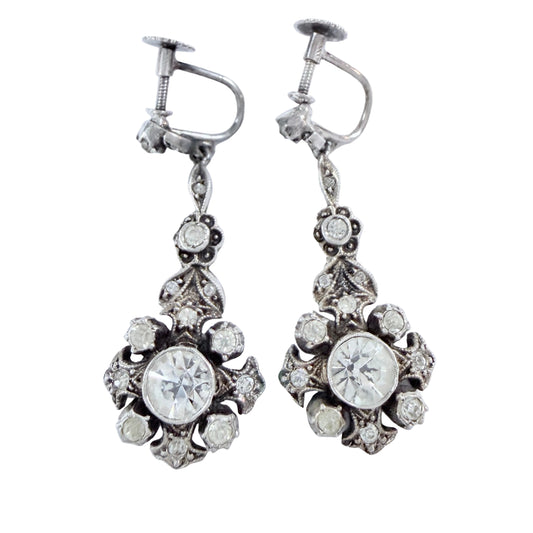 Vintage ca 1940s. Solid Silver Foil Back Paste Stone Earrings.