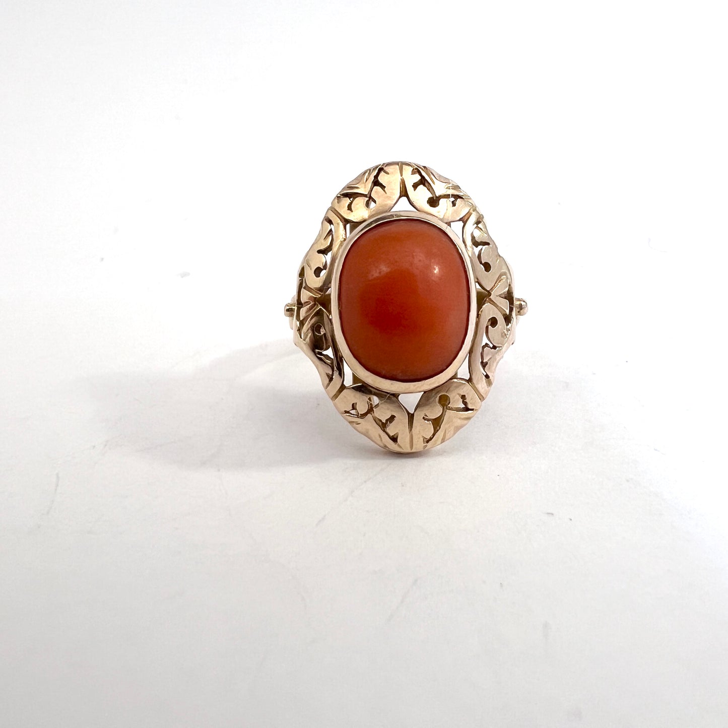 Warsaw Poland 1960s Bold 14k Gold Coral Ring.