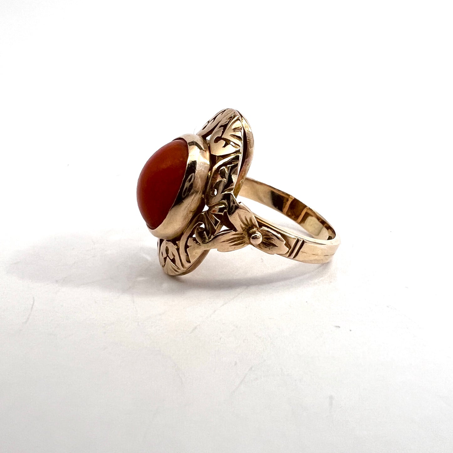 Warsaw Poland 1960s Bold 14k Gold Coral Ring.