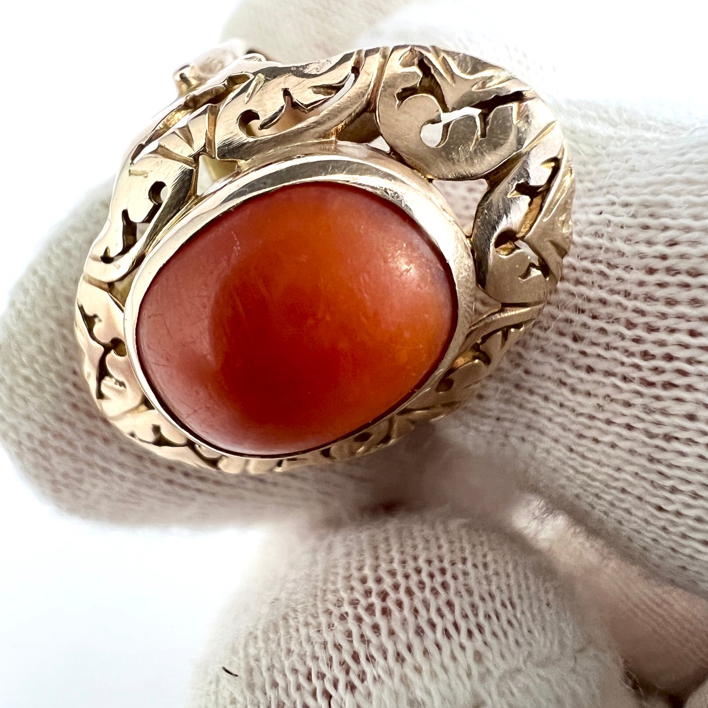 Warsaw Poland 1960s Bold 14k Gold Coral Ring.