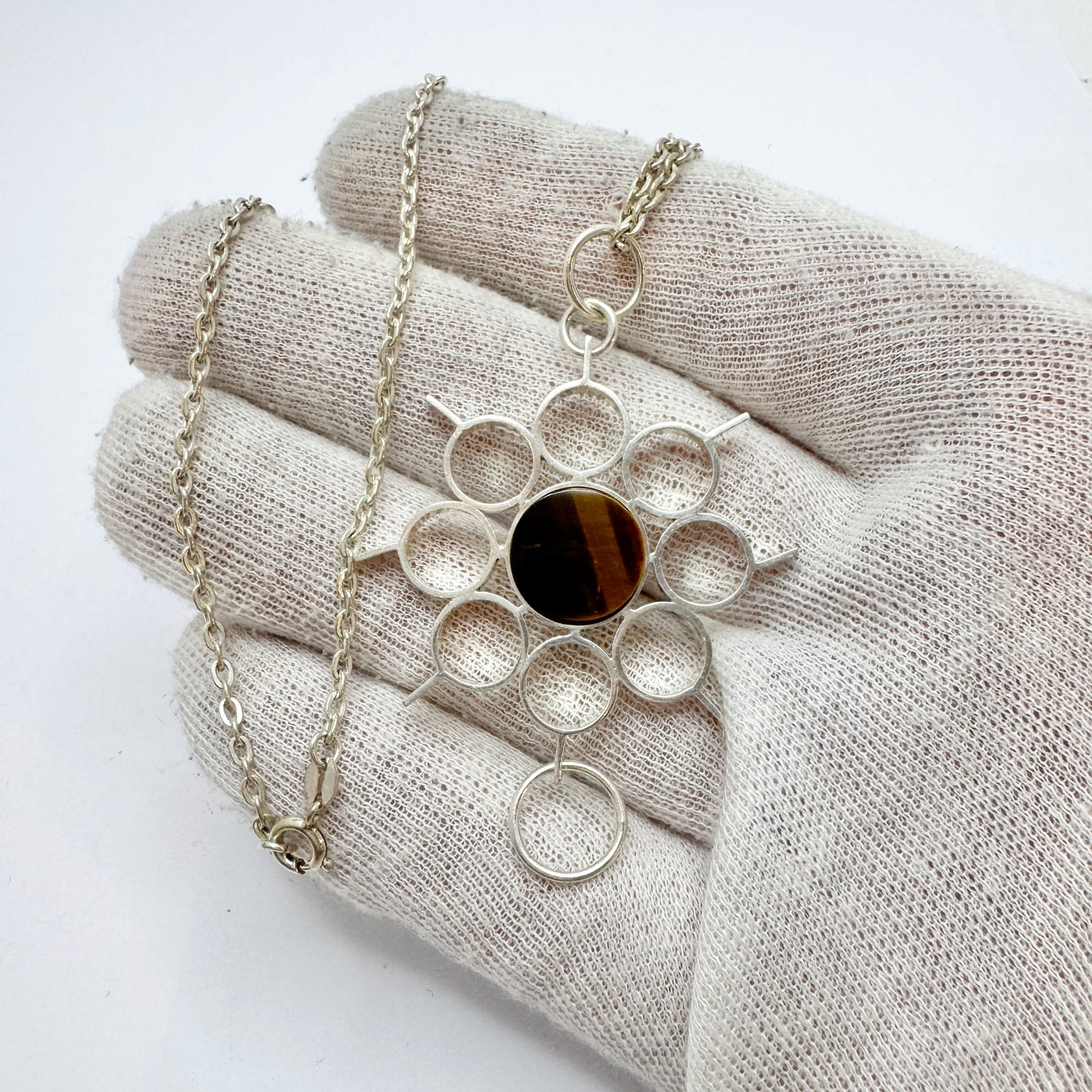 Jorma Laine for Kultateollisuus, Finland 1973. Silver Tiger's Eye Pendant Necklace