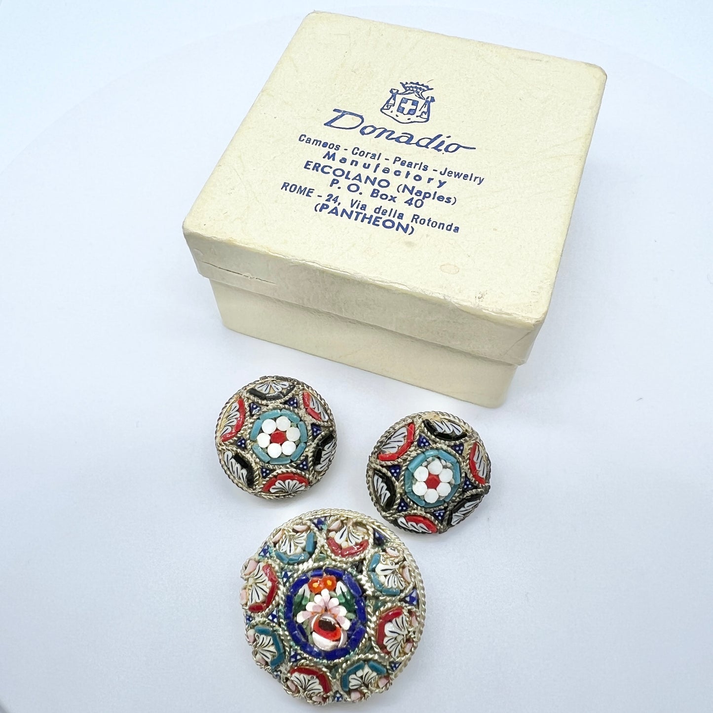 Italy c 1960s. Vintage Micro Mosaic Brooch + Earrings