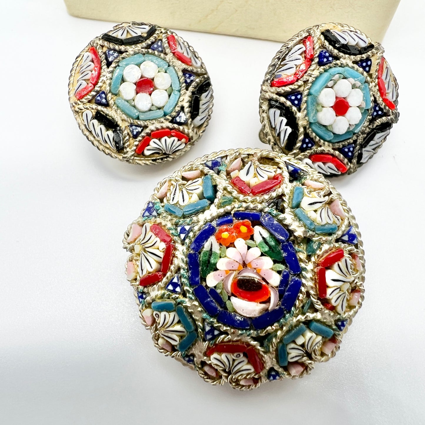 Italy c 1960s. Vintage Micro Mosaic Brooch + Earrings