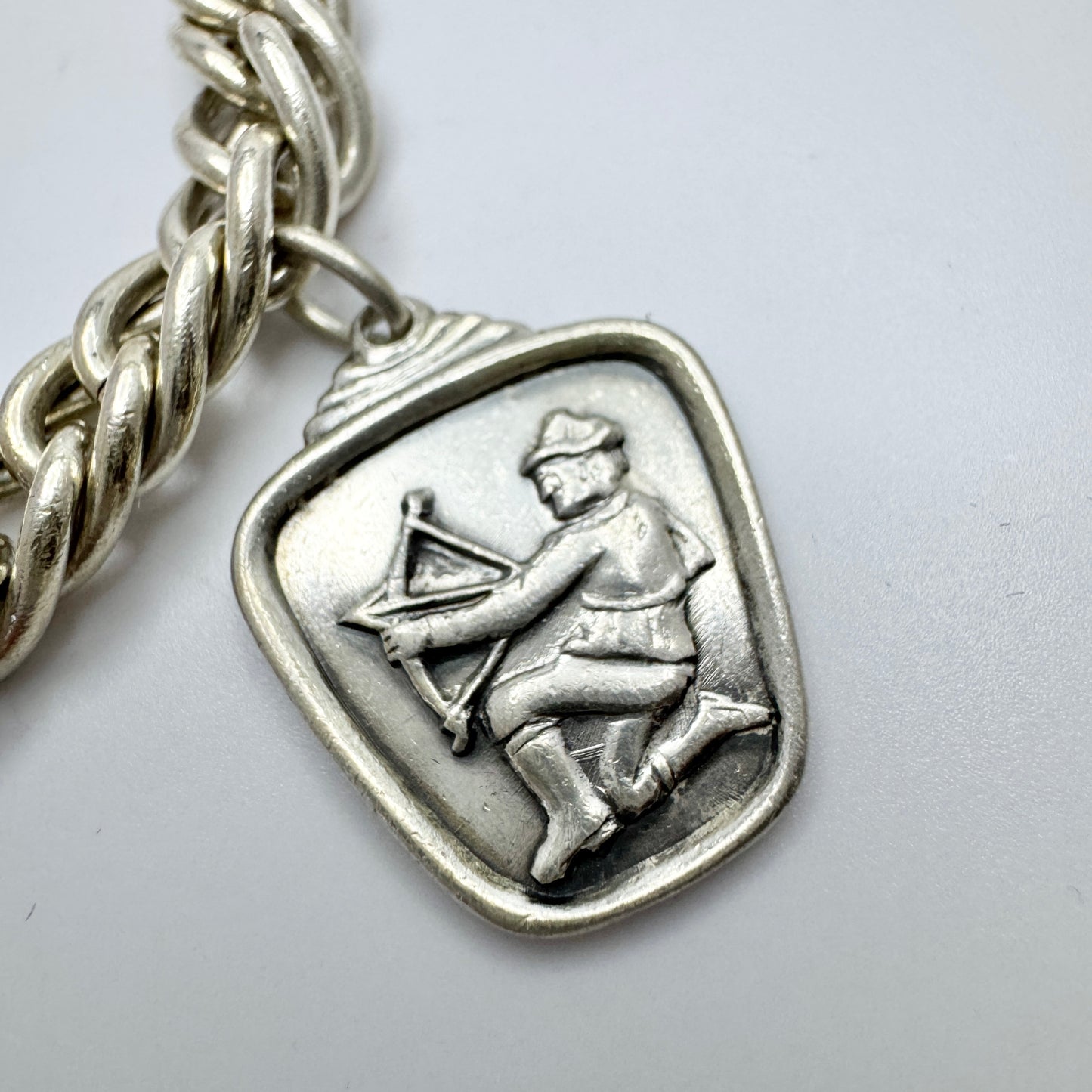 Sweden 1950s. Vintage Solid Silver Charm Bracelet w Zodiac Sagittarius Charm