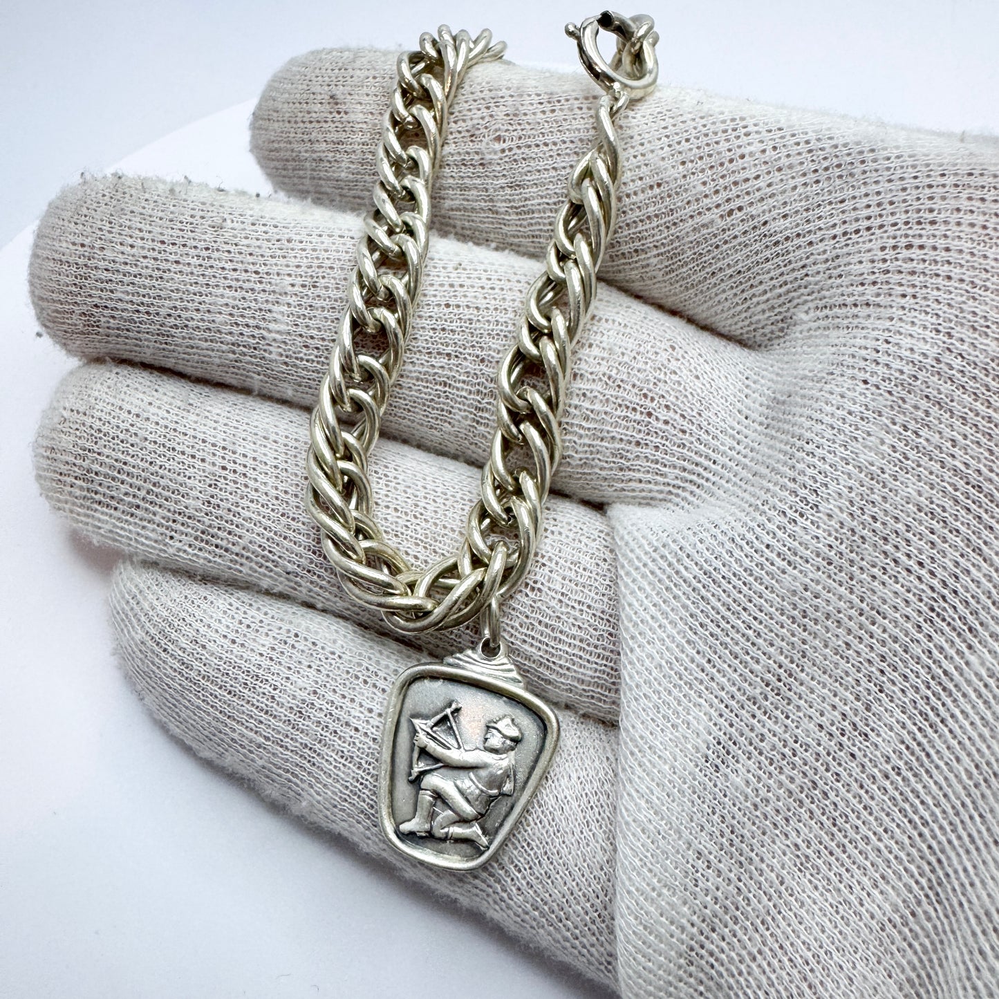 Sweden 1950s. Vintage Solid Silver Charm Bracelet w Zodiac Sagittarius Charm
