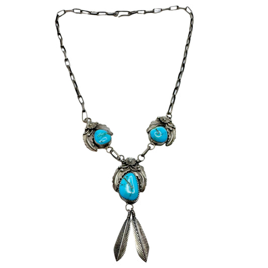Vintage Sterling Silver Turquoise Native American Necklace. Likely Johnson Yazzie