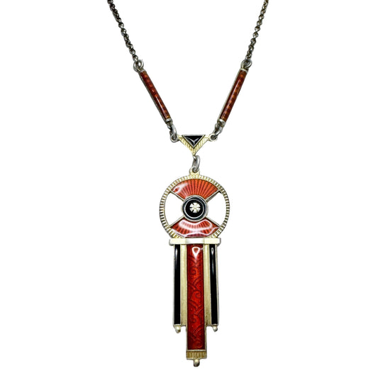 Aksel Holmsen, Norway c 1930s. Vintage Art Deco Sterling Silver Enamel Pendant Necklace.