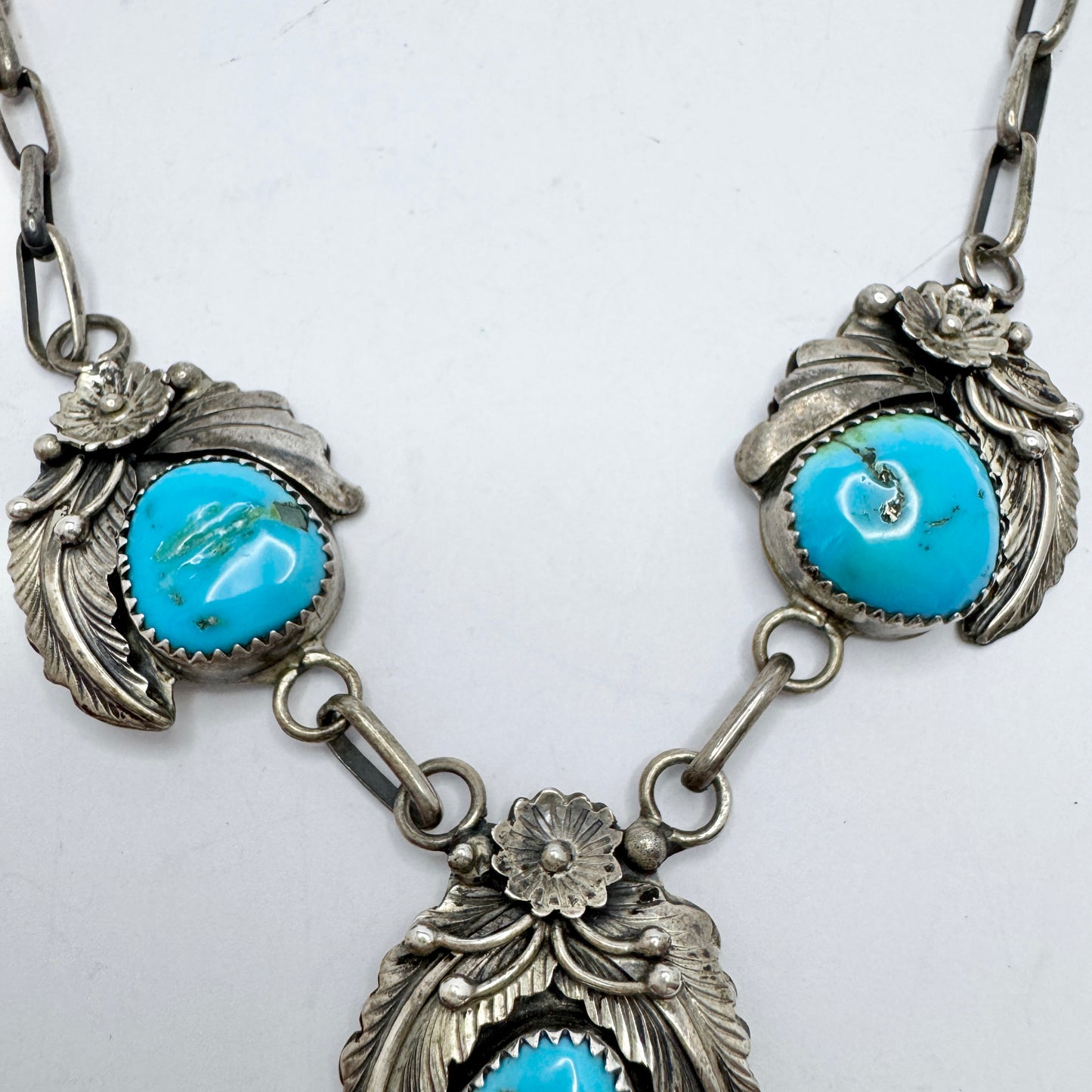 Vintage Sterling Silver Turquoise Native American Necklace. Likely Johnson Yazzie