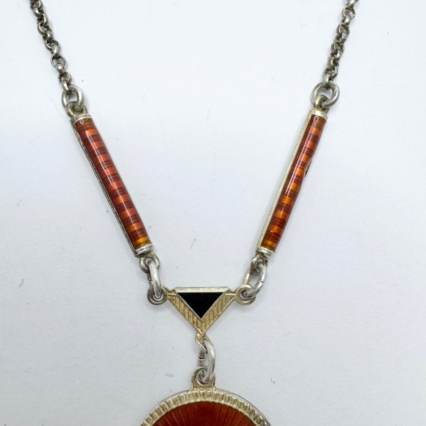 Aksel Holmsen, Norway c 1930s. Vintage Art Deco Sterling Silver Enamel Pendant Necklace.