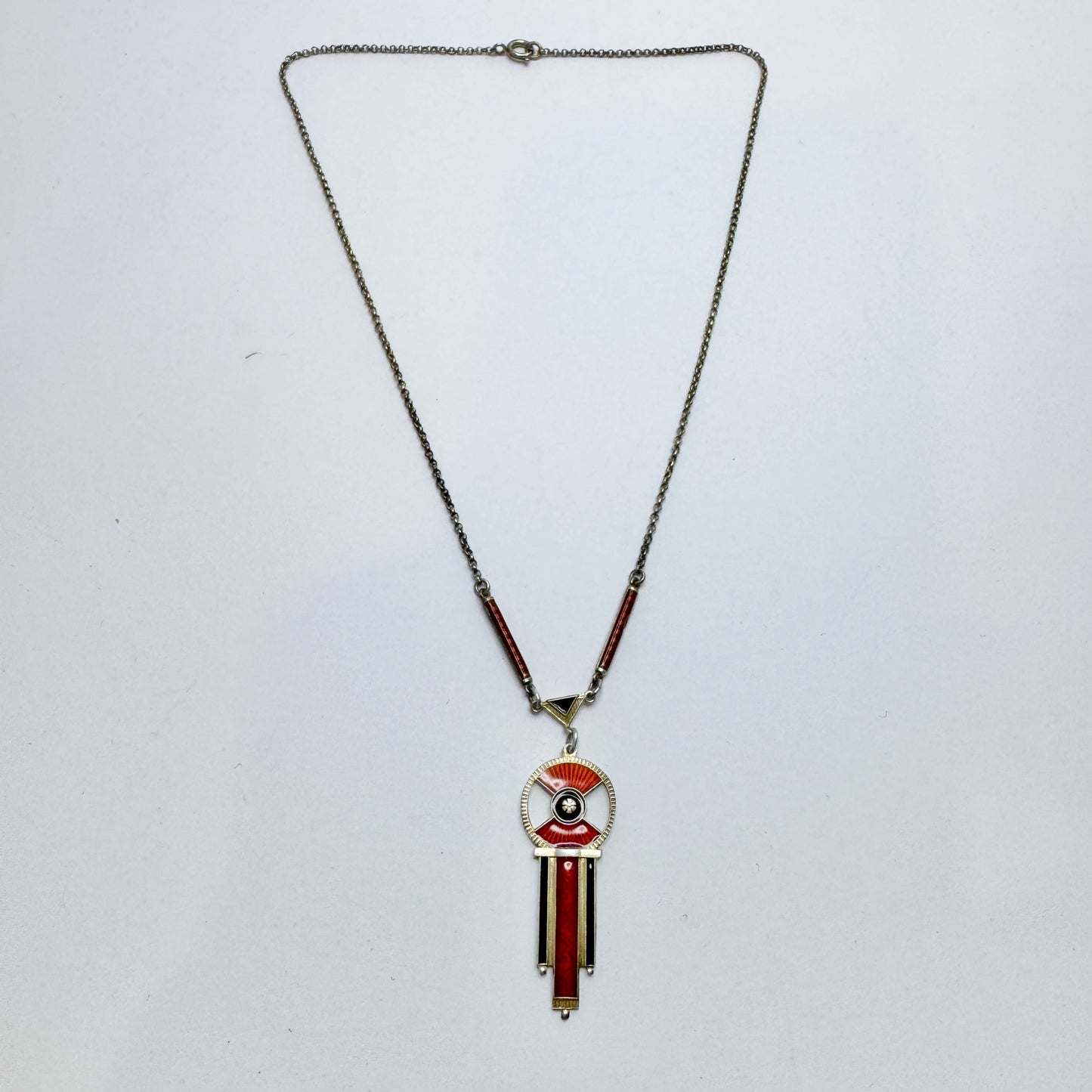 Aksel Holmsen, Norway c 1930s. Vintage Art Deco Sterling Silver Enamel Pendant Necklace.