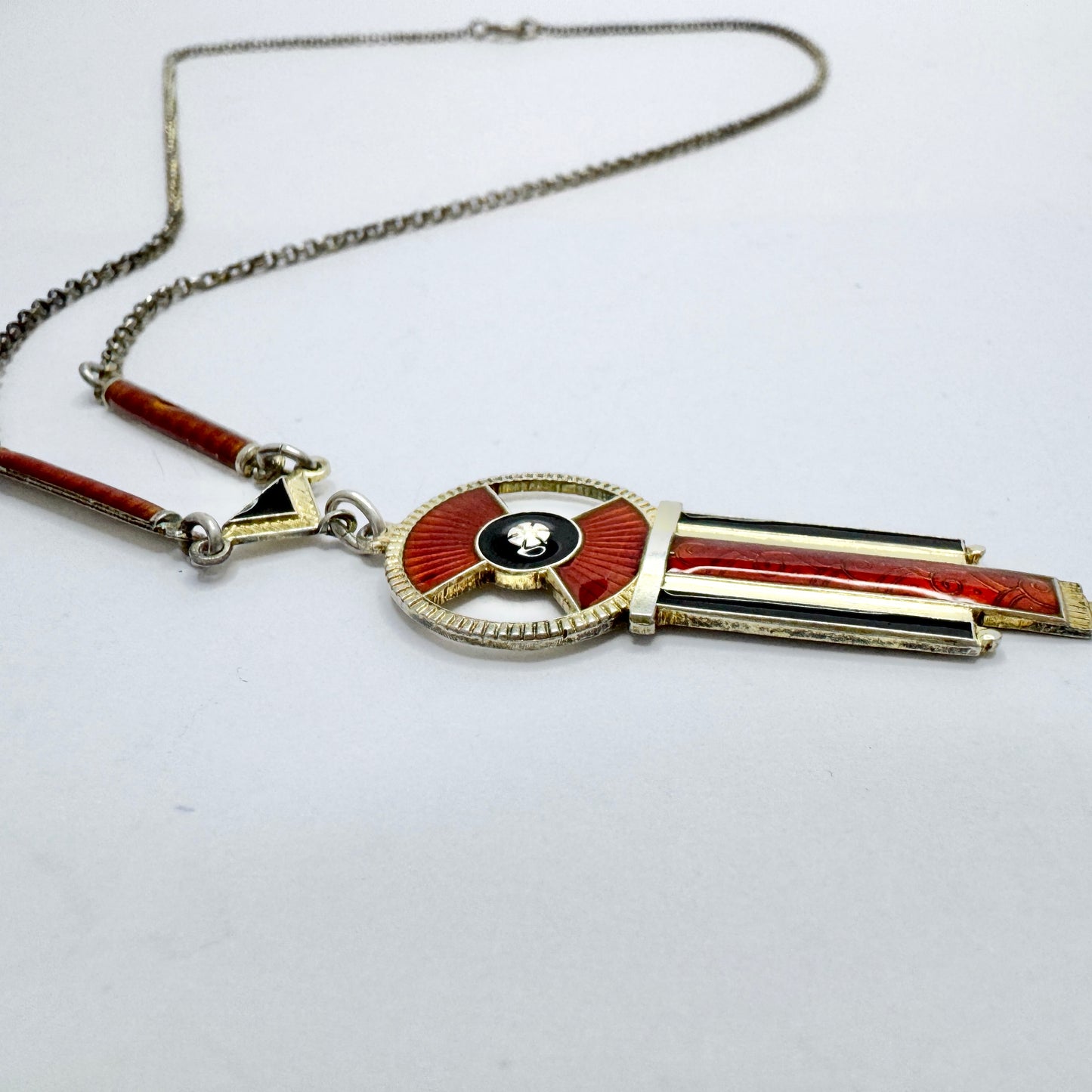 Aksel Holmsen, Norway c 1930s. Vintage Art Deco Sterling Silver Enamel Pendant Necklace.