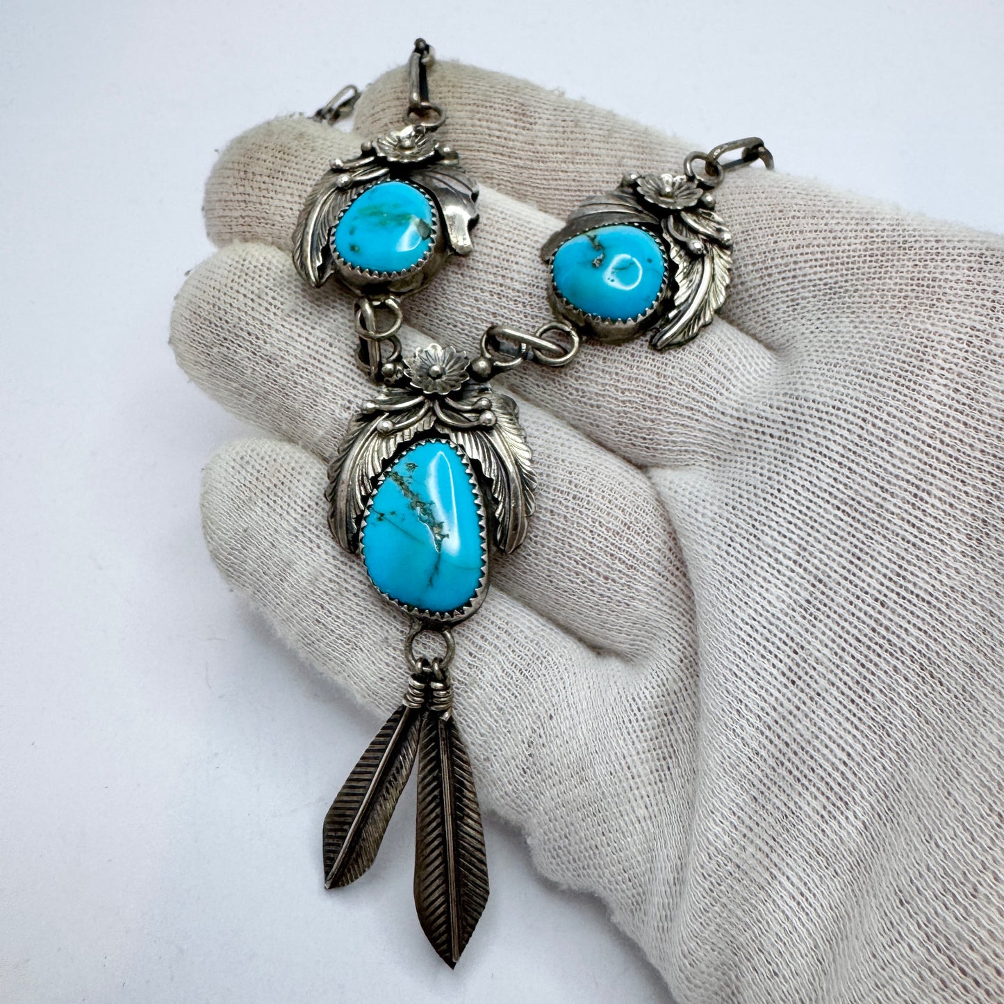 Vintage Sterling Silver Turquoise Native American Necklace. Likely Johnson Yazzie
