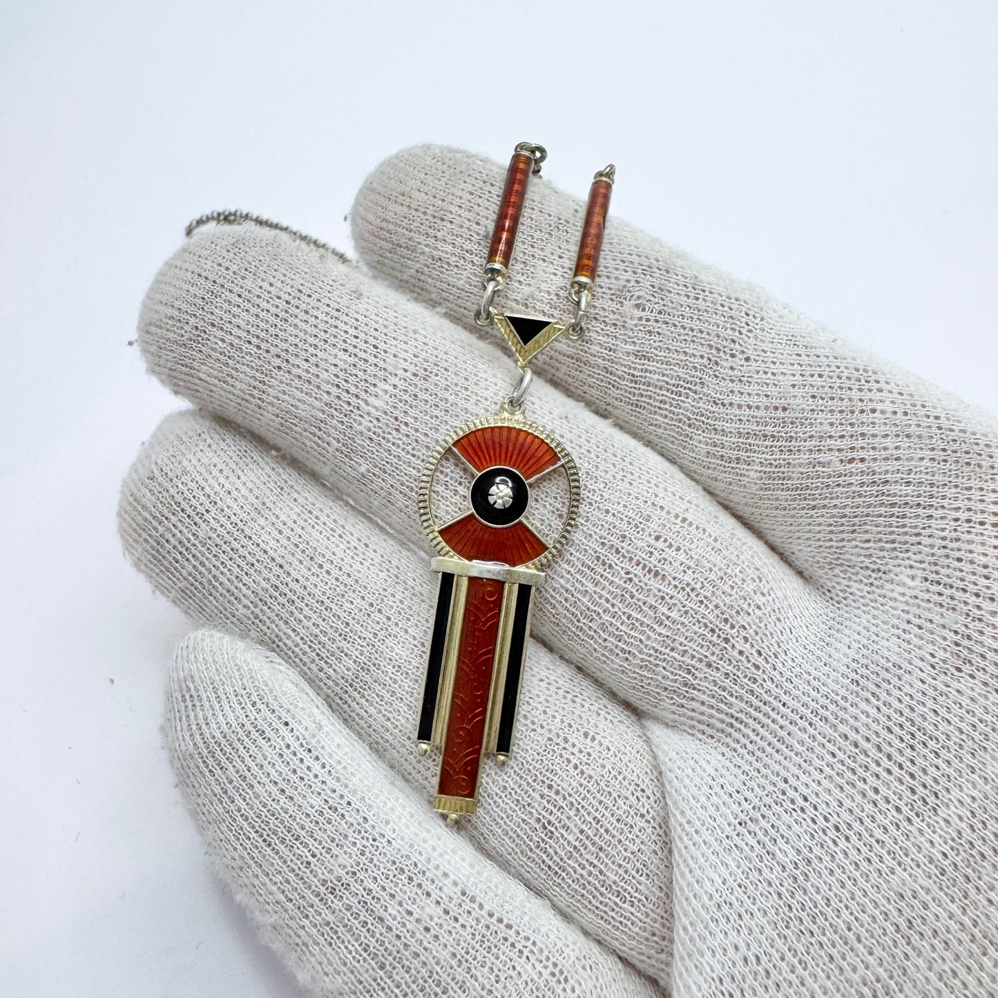 Aksel Holmsen, Norway c 1930s. Vintage Art Deco Sterling Silver Enamel Pendant Necklace.