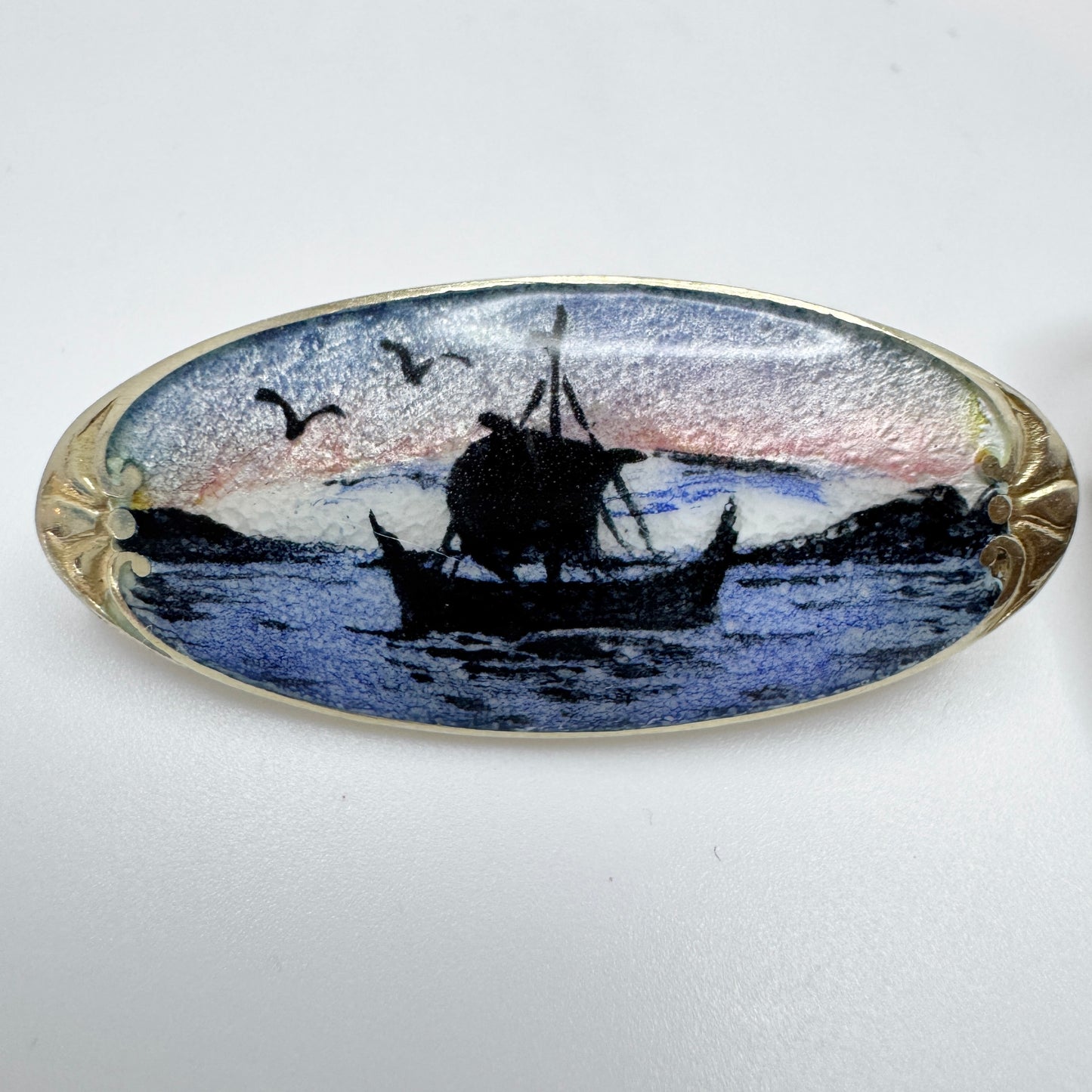 Two Vintage Scandinavian Solid Silver Viking Ship Brooches.