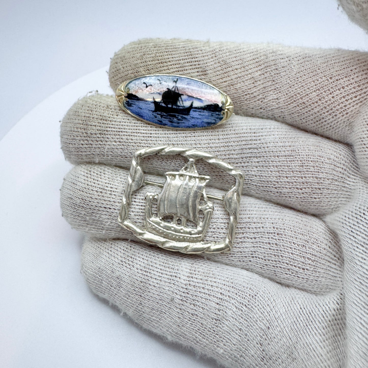 Two Vintage Scandinavian Solid Silver Viking Ship Brooches.