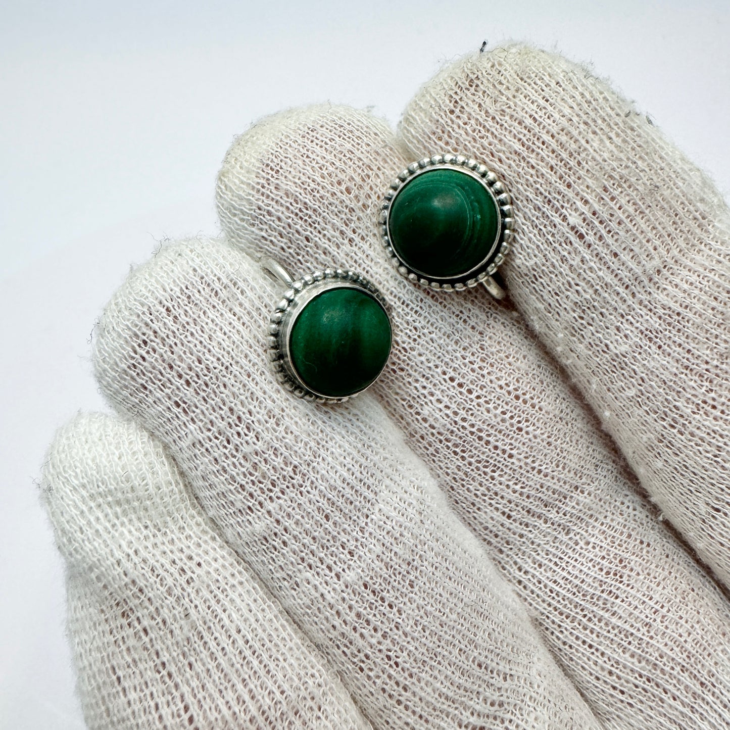 Anton Michelsen, Stockholm 1953. Vintage Sterling Silver Malachite Earrings.