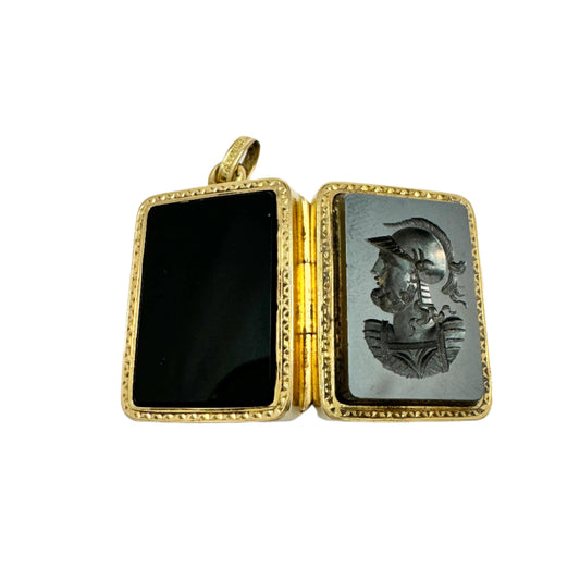 Bernhard Hertz, Sweden 1888. Antique Victorian 18k Gold Hematite Onyx Locket Pendant.