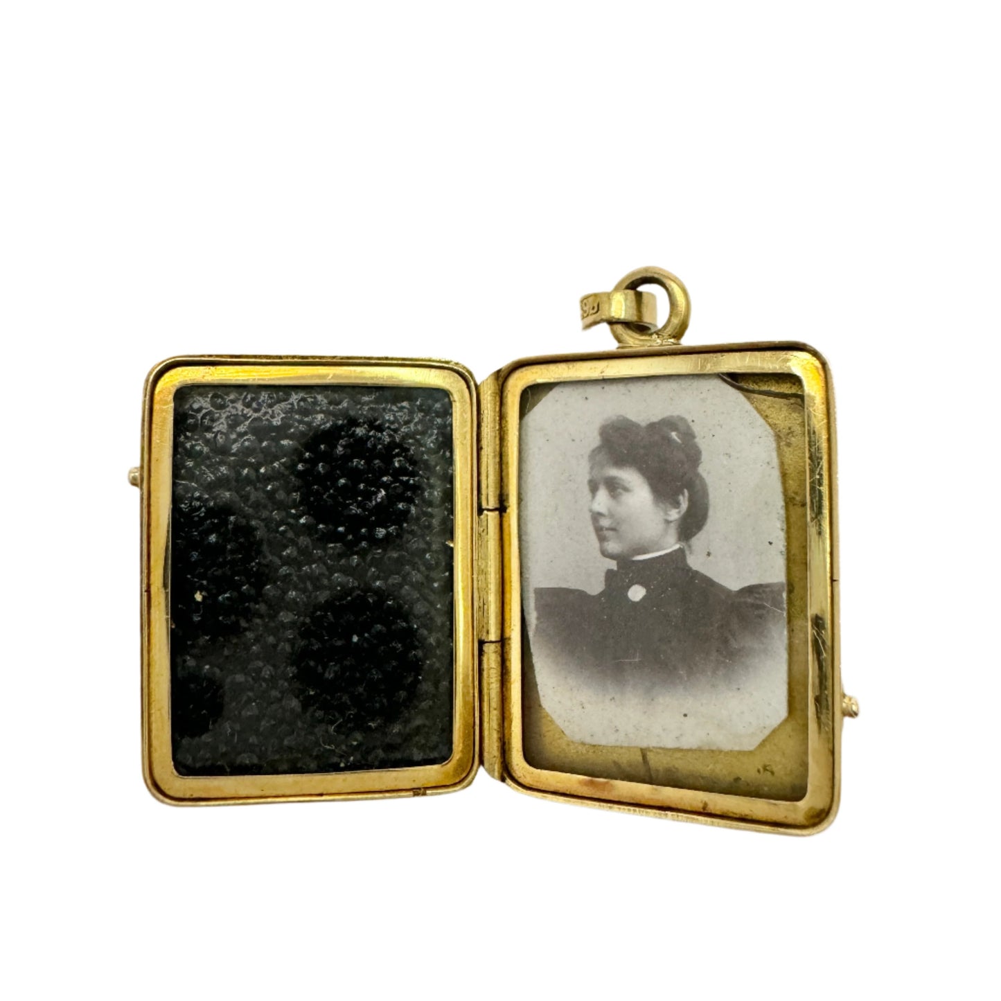 Bernhard Hertz, Sweden 1888. Antique Victorian 18k Gold Hematite Onyx Locket Pendant.