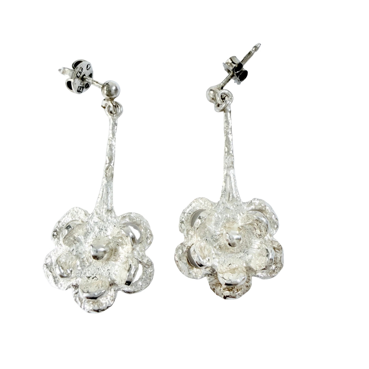 Theresia Hvorslev, Sweden early 1970s. Vintage Sterling Silver Flower Earrings. Signed.
