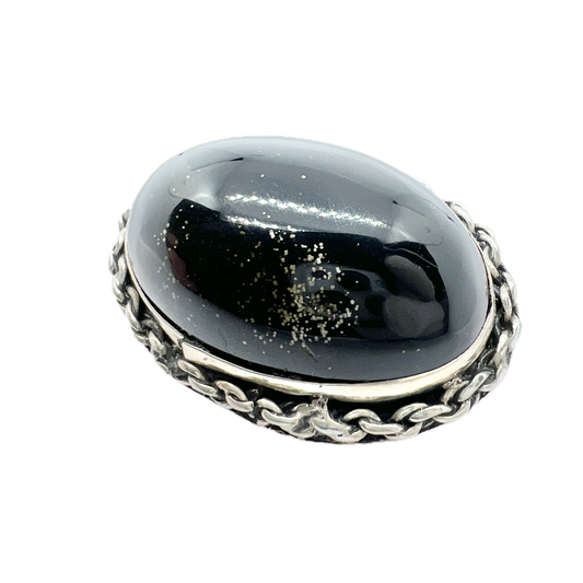 JGG Mexico. Vintage Sterling Silver Obsidian Brooch Pendant.