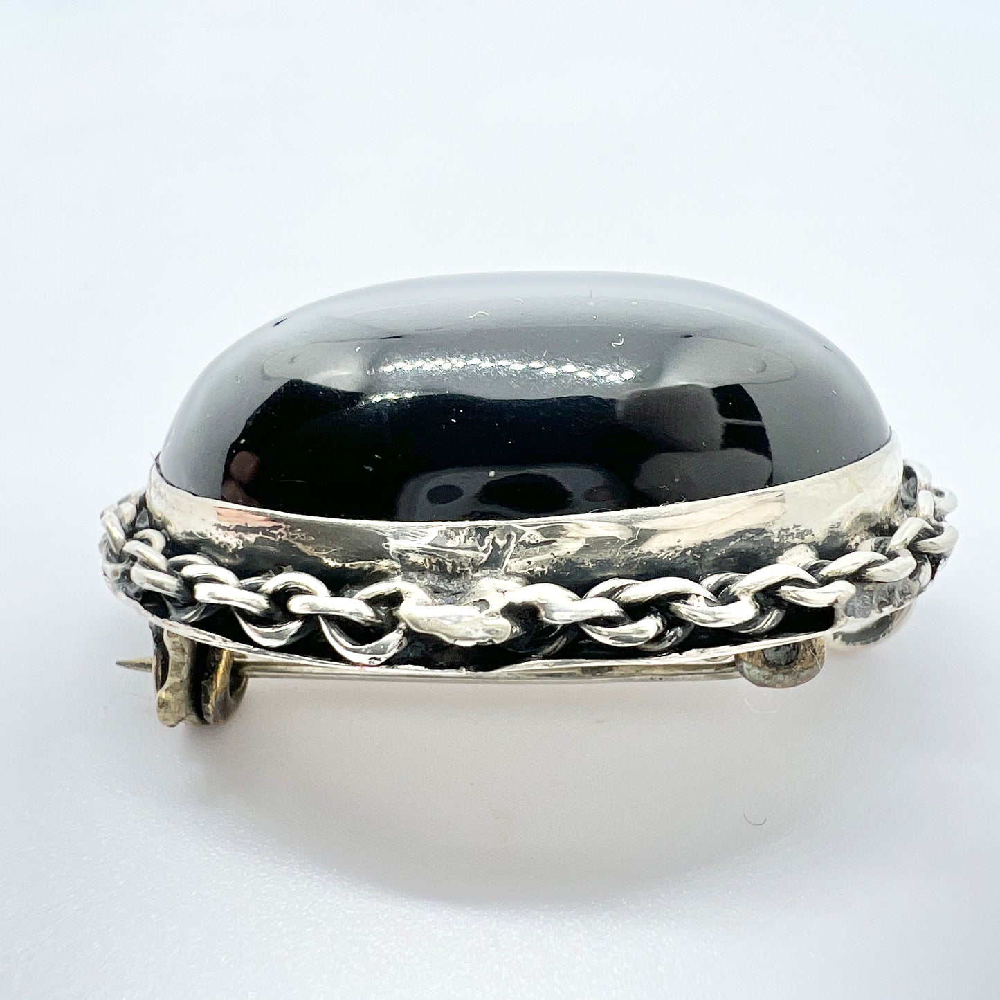 JGG Mexico. Vintage Sterling Silver Obsidian Brooch Pendant.