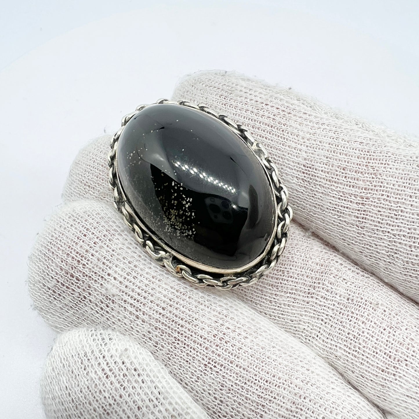 JGG Mexico. Vintage Sterling Silver Obsidian Brooch Pendant.