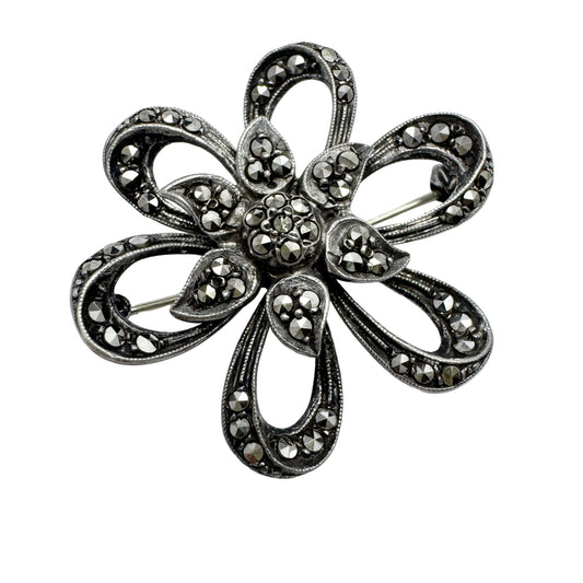 Vintage 1940s. Sterling 935 Silver Marcasite Flower Brooch.