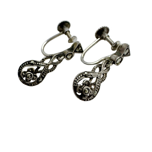 Vintage ca 1930s. Solid Silver Marcasite Art Deco Earrings.