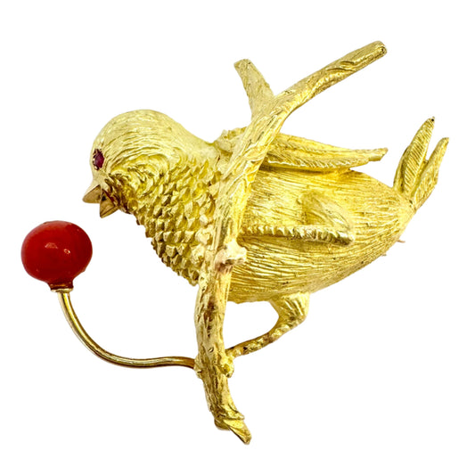 Hermès Paris c 1960s. Vintage 18k Gold Coral Ruby Bird Brooch.