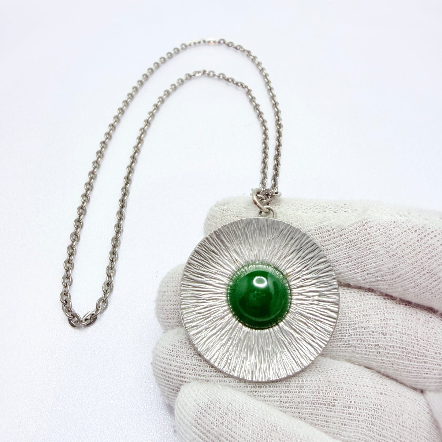 Jørgen Jensen, Denmark ca 1960. Vintage Pewter Green Glass Pendant Necklace.